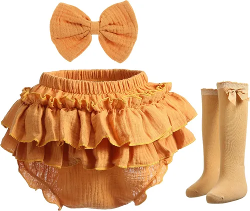 Vista 6 de Conjunto de bombachos y lazos de algodón para bebé recién nacida, pantalones cortos con volantes y diadema Café