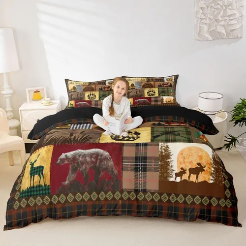 Vista 43 de Funda de edredón de cabaña marrón retro, juego de ropa de cama de retazos con diseño de oso del bosque, ciervos para cabaña rústica, funda de Multi
