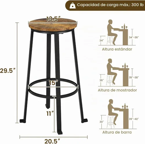 Vista 3 de Yaheetech Juego de 2 taburetes de bar de 29.5 pulgadas de altura de bar, sillas de bar altas industriales, taburetes redondos sin espalda con patas