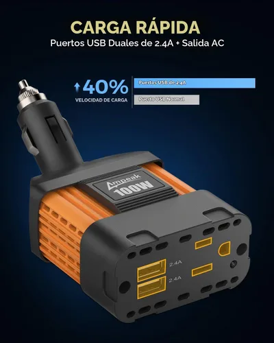 Vista 5 de Inversor de corriente para automóviles, de la marca Ampeak, de 12 V CC a 110 V CA, con puerto USB Pico de sobretensión de 200 W, 1 toma de CA, USB