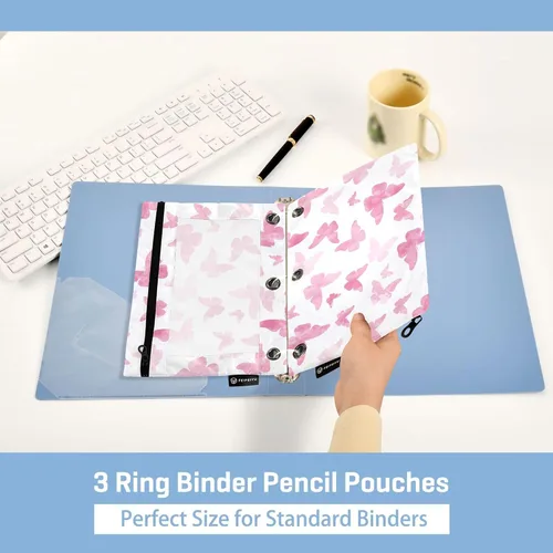 Vista 5 de Estuche para lápices de mariposa con 3 anillos, bolsa con cremallera y ventana de PVC transparente para la familia, oficina, paquete de 2