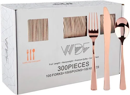 Vista 12 de WDF 300 cubiertos de plástico dorado desechables, cubiertos de plástico resistente, juegos de cubiertos dorados que incluyen 100 tenedores, 100
