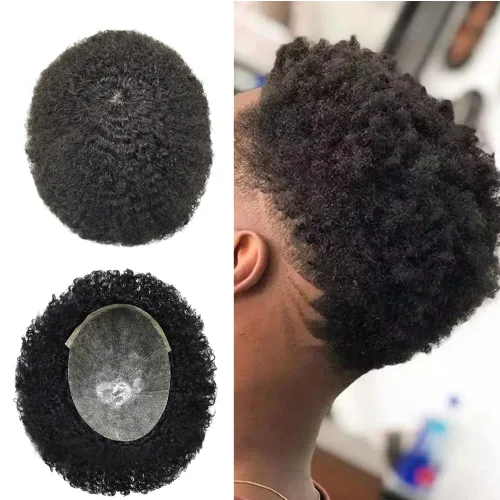 Vista 14 de LYRICAL HAIR Afro Toupee 360 unidades de cabello afro ondulado para hombres negros, sistema de reemplazo de inyección de poliuretano de piel fina