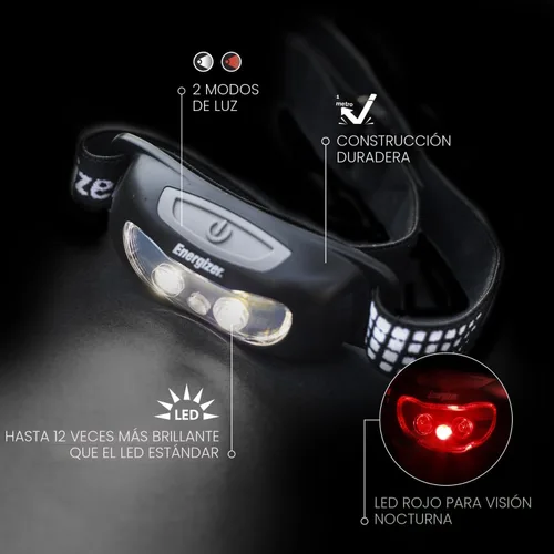 Vista 4 de Energizer Universal+ - Linterna frontal LED (paquete de 2), lámpara de cabeza brillante para exteriores, luz de campamento y emergencia, IPX4 Negro