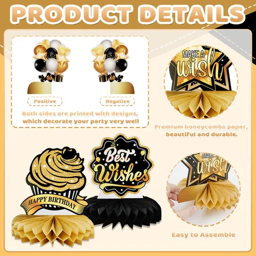 Vista 3 de 9 piezas de decoración de mesa de fiesta de cumpleaños, centros de mesa de panal de abeja de oro negro para mesa, decoración de mesa de cumpleaños