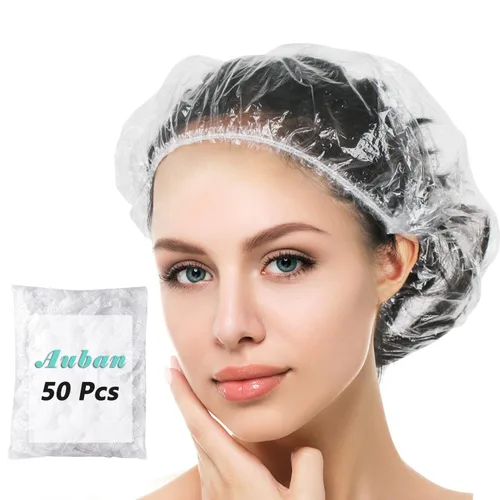 Vista 9 de Auban Gorra de ducha desechable, 100 PIEZAS Tapa de baño de plástico transparente gruesa e impermeable para tratamiento del cabello