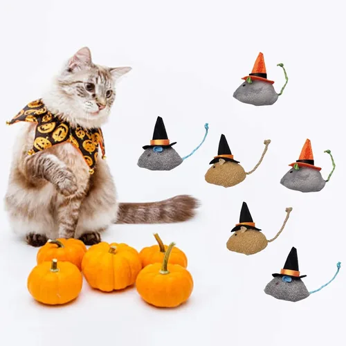 Vista 5 de 6 Paquetes Juguetes para Gatos Juguete Interactivo Sombrero Mágico de Bruja Disfraz Juguetes de Felpa en Forma de Ratón con Hierba Gatera