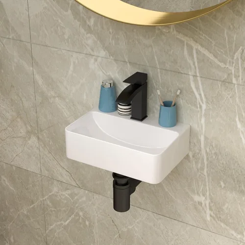 Vista 3 de Lordear Fregadero pequeño montado en la pared, fregadero de baño de esquina flotante para colgar en la pared, lavabo de cerámica blanca brillante