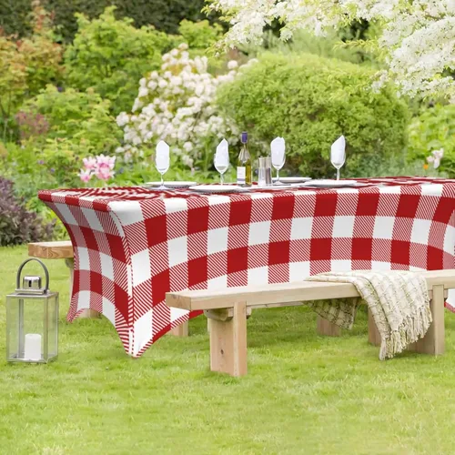 Vista 7 de mantel elástico de 6 pies, mantel rectangular ajustable de lana cuadriculada de color rojo y blanco para fiesta, banquete, festival, boda