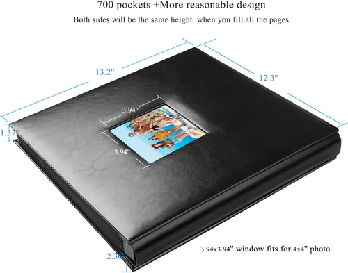 Vista 2 de Álbum de fotos de 4 x 6 con capacidad para 700 bolsillos, cubierta de cuero de gran capacidad, páginas negras con pestañas de índice, álbumes