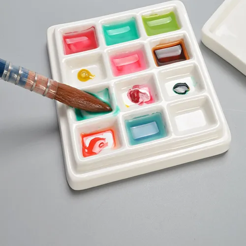 Vista 5 de 12 Wells Paleta de cerámica con cubiertas, paleta de pintura de porcelana, bandeja de mezcla para pintar acuarela, gouache, artes y manualidades