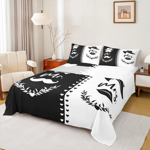 Vista 9 de Dog Side My Side - Juego de sábanas de tamaño Queen, color negro y blanco, sábana bajera ajustable para mujeres y hombres, sábanas románticas