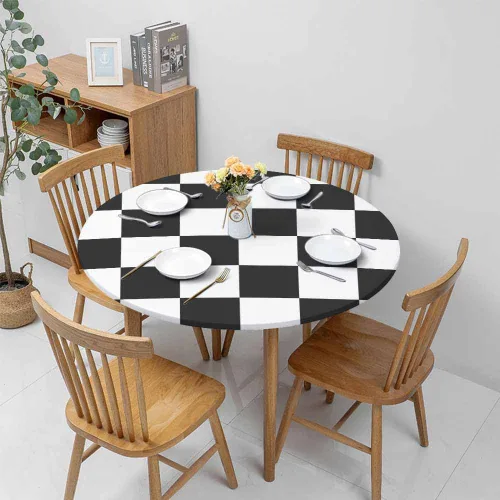 Vista 4 de Mantel de ajedrez blanco y negro con cuadrículas redondas, planos, abstracto, impermeable, lavable, para mesa de comedor ajustable de 40 a 44