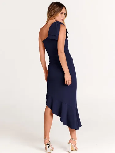 Vista 6 de ANRABESS Vestido formal midi de un hombro para mujer, sin mangas, ajustado, con volantes, vestido de sirena para invitada de boda