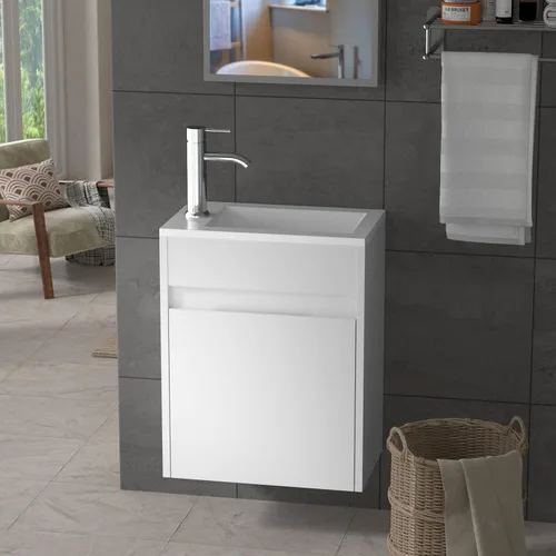 Vista 8 de UEV Tocador de baño pequeño de 16 pulgadas, mezclado en blanco y negro, montado en la pared con fregadero de cerámica y grifo negro esmerilado P-Trap