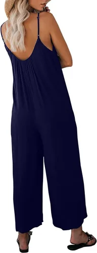 Vista 4 de Overol casual sin mangas para mujer, cuello en V, correa ajustable, pantalones largos sueltos con bolsillos