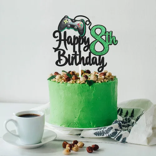 Vista 3 de Decoración de pastel de feliz cumpleaños 8 para videojuegos, suministros para tartas de fiesta de cumpleaños de 8 años, juego en nivel, decoración