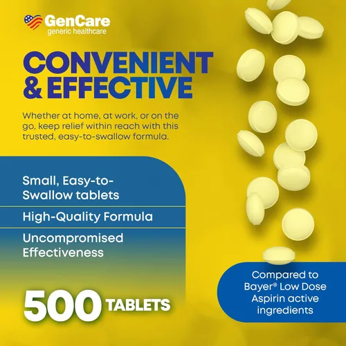 Vista 4 de GenCare - Aspirina de dosis baja de 81 mg para adultos recubiertos (AINE) 500 tabletas Dosis baja para adultos Pastillas de aspirina