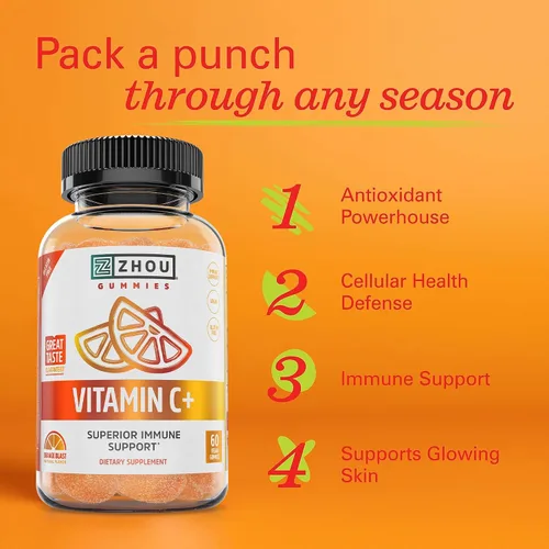 Vista 4 de Zhou Gomitas de vitamina C + - Gomitas de vitamina C para adultos y niños, 270 mg por gomita con bioflavinoides y acerola para apoyo inmunológico