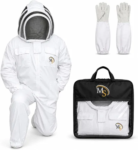 Vista 7 de MS Traje de apicultor de algodón de abeja con un par de guantes y velo de esgrima
