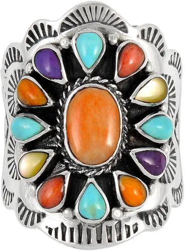 Vista 3 de Anillo de plata de ley con piedras preciosas auténticas y turquesa (selecciona color)