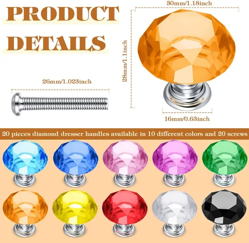 Vista 2 de Qunclay 20 pomos de cristal para gabinetes de 1.181 in, tiradores de cajones coloridos en forma de diamante, manijas de tocador para muebles