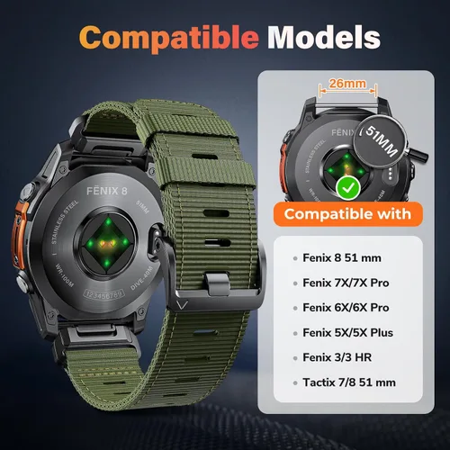 Vista 5 de Compatible con Garmin Fenix 7X/ 6X/ 5X/ 8/8 Pro 51mm/5X Plus/6X Pro/7X pro, Correa de reloj de nylon Quickfit de 26 mm para Tactix 7/Descent Verde