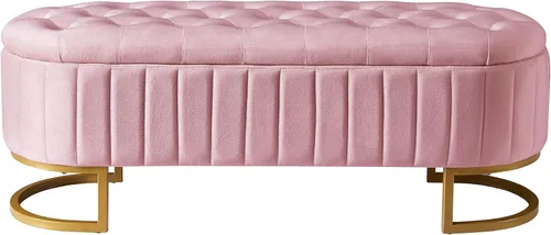 Vista 6 de SOFTSEA Otomana otomana de almacenamiento tapizada rosa, banco otomano de almacenamiento con botones y patas de metal para dormitorio, extremo