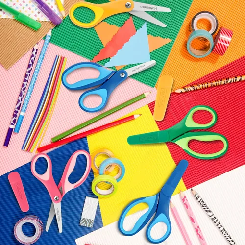 Vista 8 de Huhuhero Tijeras para niños, punta roma de seguridad de 5 pulgadas con tapa, tijeras de papel de corte para manualidades pequeñas para niños de 4 a