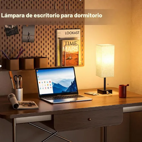 Vista 4 de Fenmzee Juego de 2 lámparas de noche para dormitorio, pequeña lámpara rectangular para mesita de noche con puerto de carga USB A C, luz