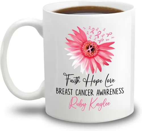 Vista 13 de Taza de café de concientización sobre el cáncer de mama con nombre personalizado, taza de café de 11 onzas, taza de té de cerámica blanca