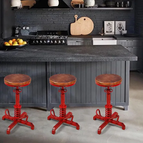 Vista 7 de Topower Industrial Retro Vintage Farm Asiento de madera Tractor Taburete Cocina Giratorio Altura Ajustable Taburete de bar Rojo Antiguo