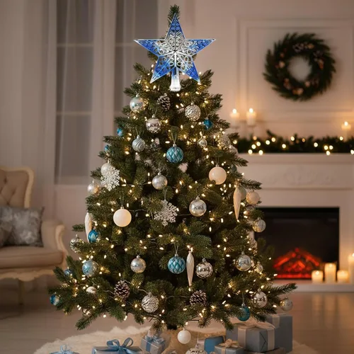 Vista 2 de BinaryABC Estrella para árbol de Navidad, adornos colgantes para árbol de Navidad, purpurina hueca (azul plateado)