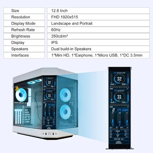 Vista 4 de GeeekPi monitor LCD táctil IPS de 12.6 pulgadas FHD 1920x515, pantalla de visualización, compatible con la carcasa de PC Hyte Y60, CPU, GPU, panel