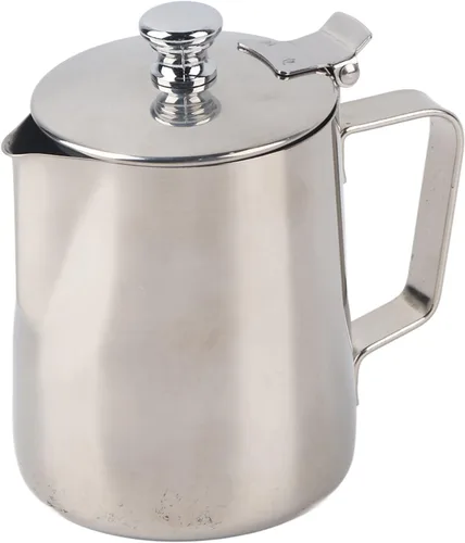 Vista 5 de Jarra de leche de 11.8 fl oz jarra de leche de acero inoxidable jarra de leche con tapa de acero para manualidades de café con leche, jarra