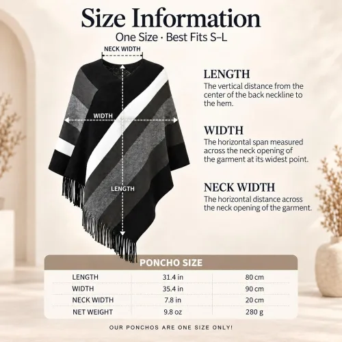 Vista 7 de Ferand Suéter tipo poncho a rayas para mujer, acogedor chal de punto con flecos para otoño e invierno Negro & gris