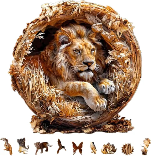 Vista 13 de Rompecabezas de madera para adultos, rompecabezas de madera de león del bosque, efecto visual 3D, forma única, rompecabezas de madera de animales