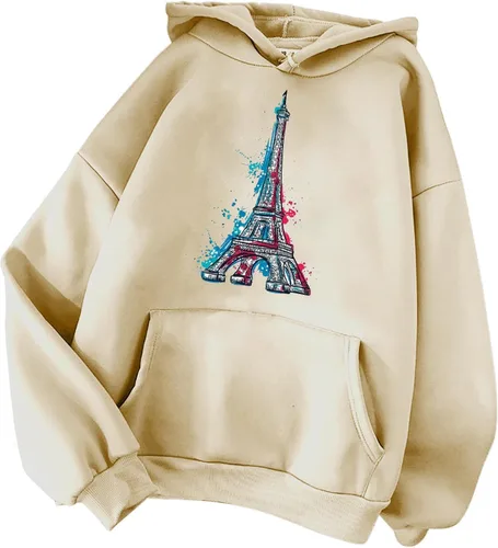 Vista 3 de Sudadera de moda 2023 para mujer, sudadera con capucha gráfica de la Torre Eiffel, ligera, de manga larga, con cordón, Y2K