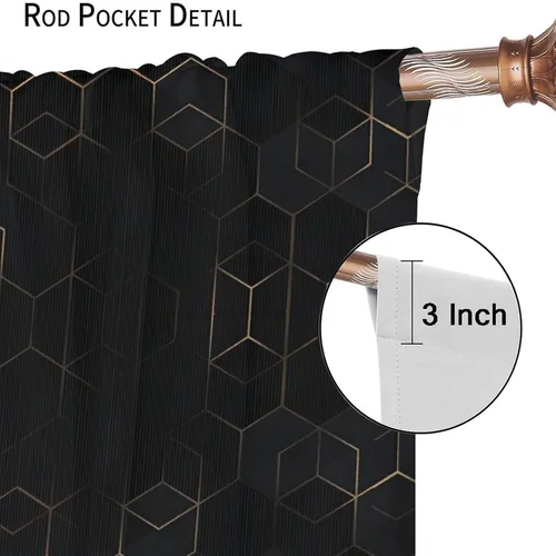 Vista 74 de Cortinas Negras con Dobladillo Dorado, Cortinas Opacas con Bolsillo para Barra con Estampado de Rayas de Foil en Onda Dorada para Decoración de Negro