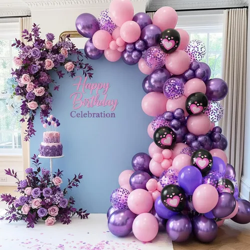 Vista 5 de Globos rosa púrpura negros, 50 unidades de 12 pulgadas, globos de cumpleaños con forma de corazón impresos en color rosa púrpura metálico negro