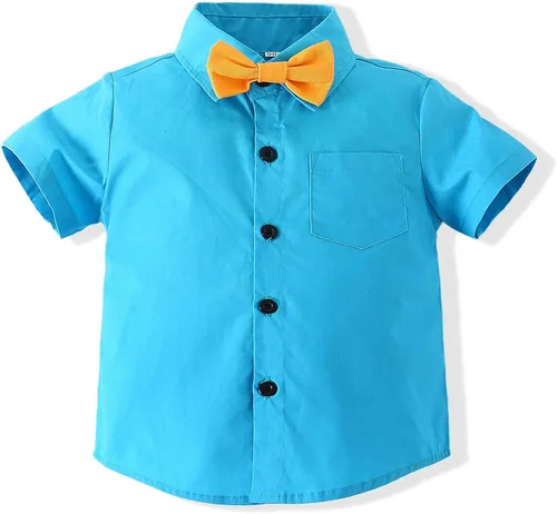Vista 2 de Kimocat Conjunto de traje casual de verano para bebé y niño manga corta pajarita tirantes y pantalones cortos