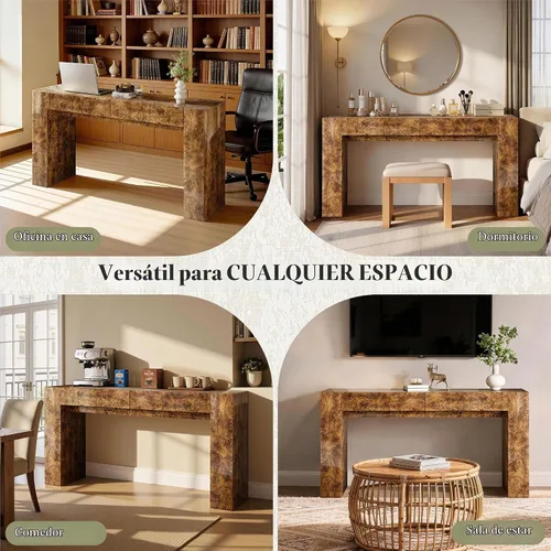 Vista 6 de AMERLIFE Mesa consola de madera Burl de 63 pulgadas con 2 cajones de Marrón