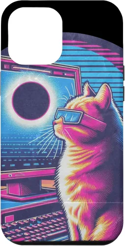 Vista 6 de iPhone 15 Cat Solar Eclipse - Synthwave Retro Poster Style Case