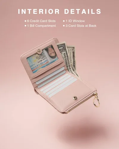 Vista 2 de Billetera de cuero para mujer, con bloqueo RFID, plegable, pequeña, compacta, con cremallera, bolsillo con cremallera, estuche para tarjetas de gran