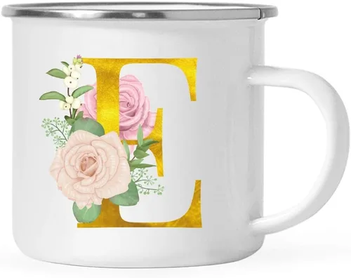 Vista 10 de Andaz Press Taza de café de acero inoxidable para niños de 11 onzas, regalo de taza de café de fogata, rosa rubor, monograma de oro sintético, letra