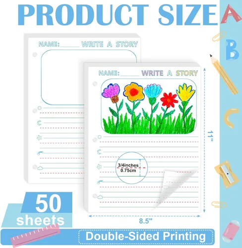 Vista 2 de 50 hojas de papel de escritura de historias de 8.5 x 11 pulgadas para niños, papel de dibujo y escritura de hojas sueltas de 3/4 pulgadas de regla