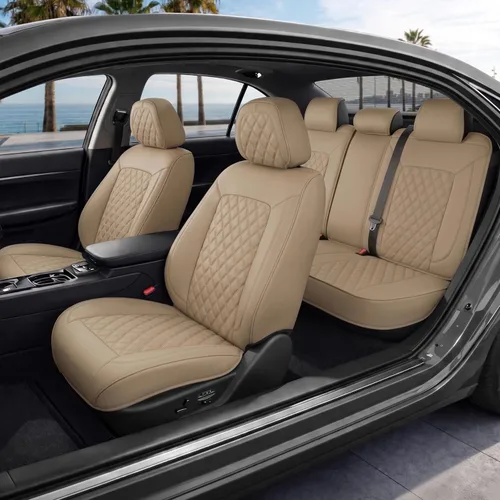 Vista 21 de MotorBox Meridian Series - Fundas de asiento de piel napa, fundas clásicas de asiento delantero, de piel sintética de alta calidad, color beige