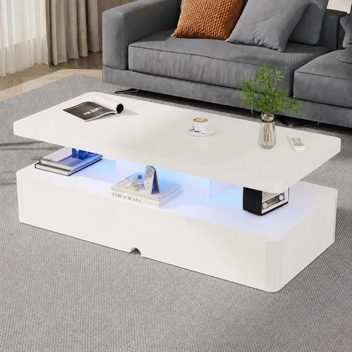 Vista 7 de MXV Mesa de centro moderna de 40 pulgadas con 16 luces LED de colores, mesa auxiliar rectangular de 2 niveles con almacenamiento, mesa central