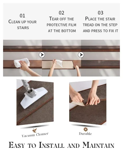 Vista 7 de MontVoo Alfombra para peldaños de madera, sin residuos, antideslizante, para peldaños de escalera, reutilizables, autoadhesivas, cómodas, de lujo