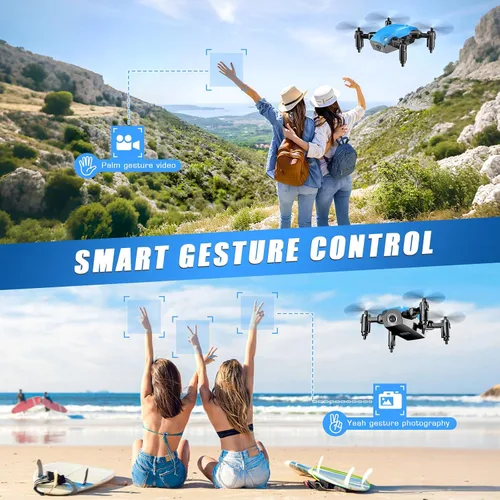 Vista 3 de Drones para niños con cámara, mini juguete cuadricóptero RC con alas plegables, control de voz y gestos, retención de altitud, protector de hélice